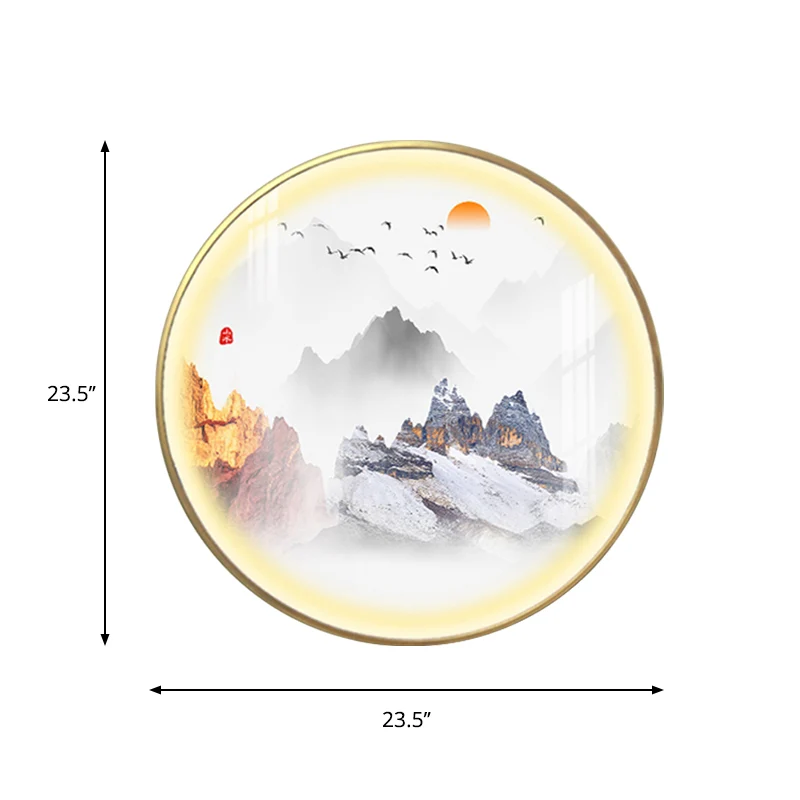 Chinese ronde metalen wandlamp LED-wandverlichting goud met berg- en zonpatroon Clearhalo