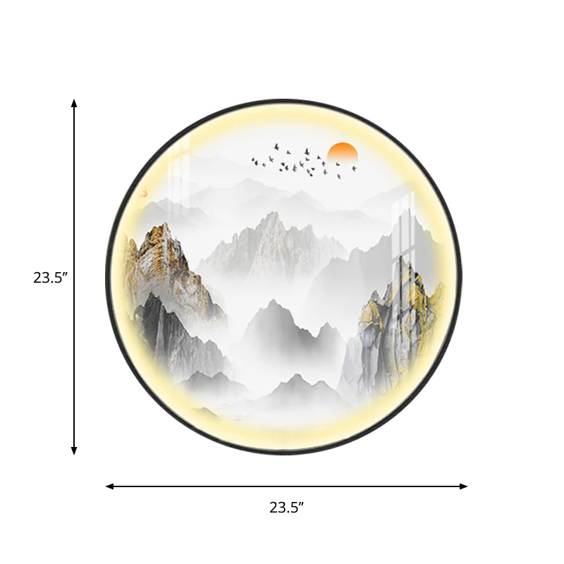 Chinese ronde metalen wandlamp LED-wandverlichting goud met berg- en zonpatroon Clearhalo