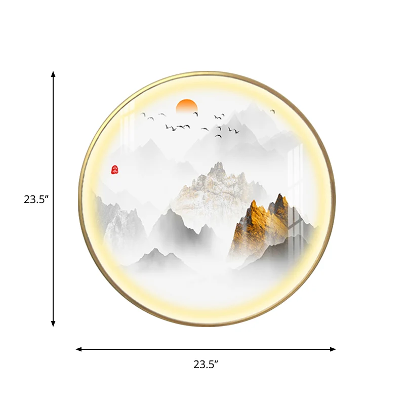 Chinese ronde metalen wandlamp LED-wandverlichting goud met berg- en zonpatroon Clearhalo
