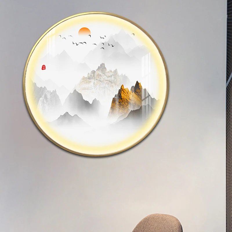 Chinese ronde metalen wandlamp LED-wandverlichting goud met berg- en zonpatroon Clearhalo