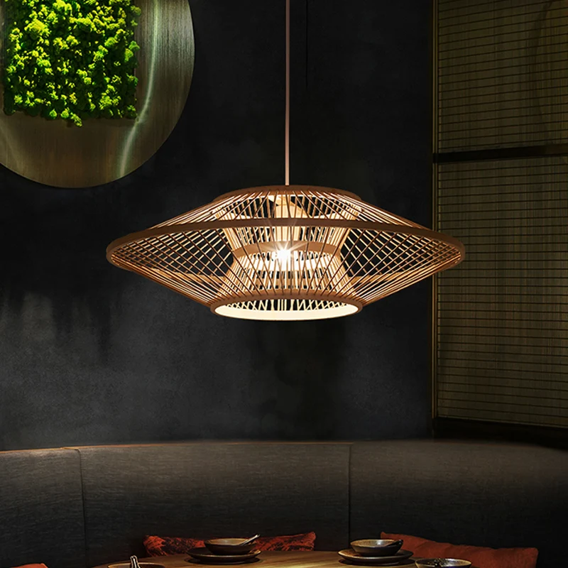 Chinese schotel plafondlamp bamboe 1 lamp hangend verlichtingsarmatuur hout voor theehuis Clearhalo