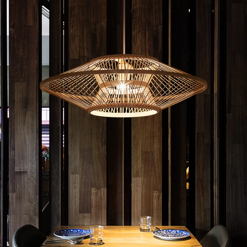 Chinese schotel plafondlamp bamboe 1 lamp hangend verlichtingsarmatuur hout voor theehuis Clearhalo
