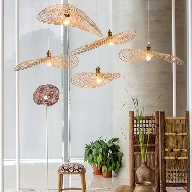 Chinese stijl 1/3/6-lichts slinger licht beige lotusblad hanglamp met bamboe schaduw, 14"/16.5"/19.5" breed Clearhalo