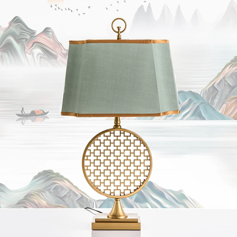 Chinese stijl 1 hoofd nachtlampje gouden trommelvorm LED-bureaulamp met groene stoffen kap Clearhalo