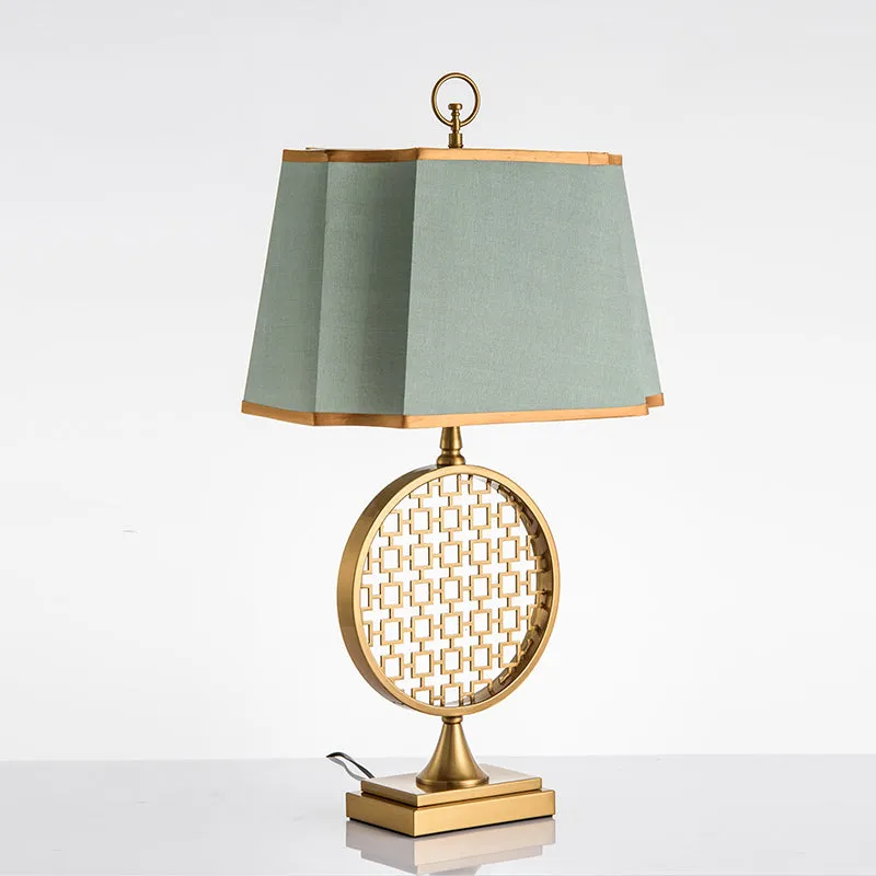 Chinese stijl 1 hoofd nachtlampje gouden trommelvorm LED-bureaulamp met groene stoffen kap Clearhalo
