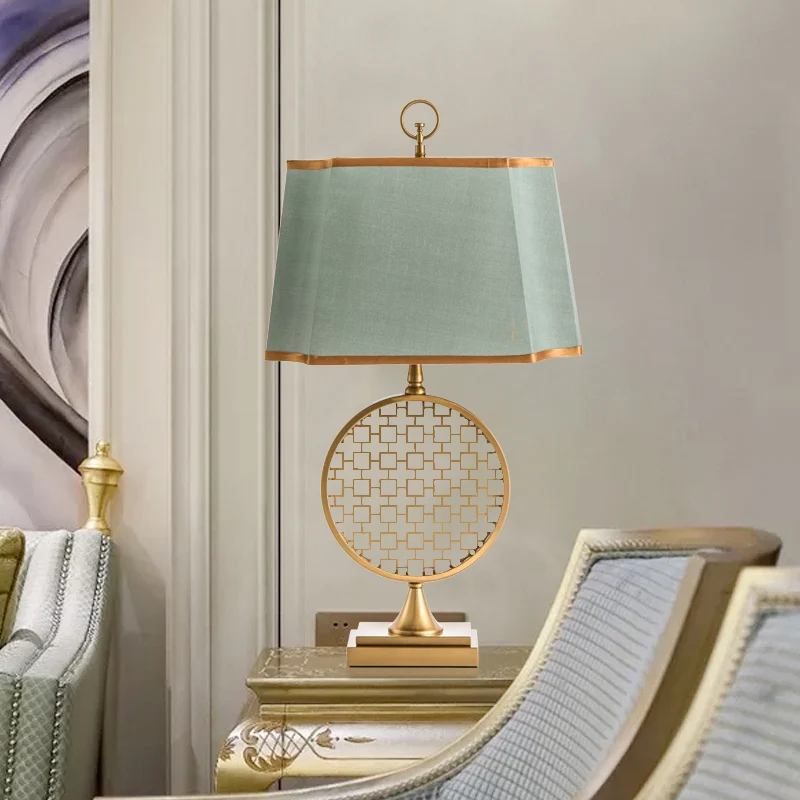 Chinese stijl 1 hoofd nachtlampje gouden trommelvorm LED-bureaulamp met groene stoffen kap Clearhalo