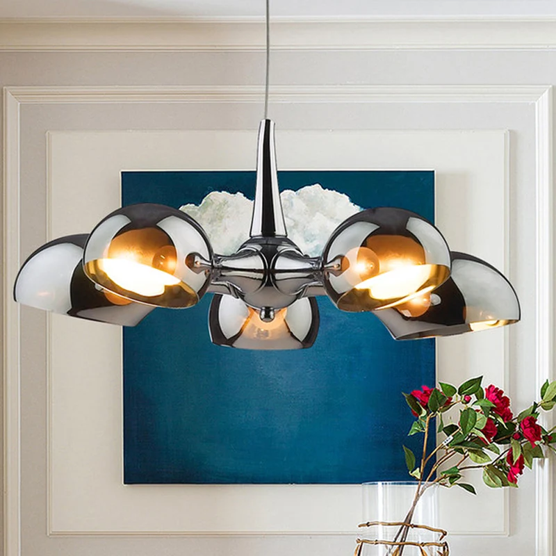 Chrome Bowl Kroonluchter Verlichting Postmodern 3/5 Lichten Spiegelglas Hangende Plafondlamp voor Eetkamer Clearhalo