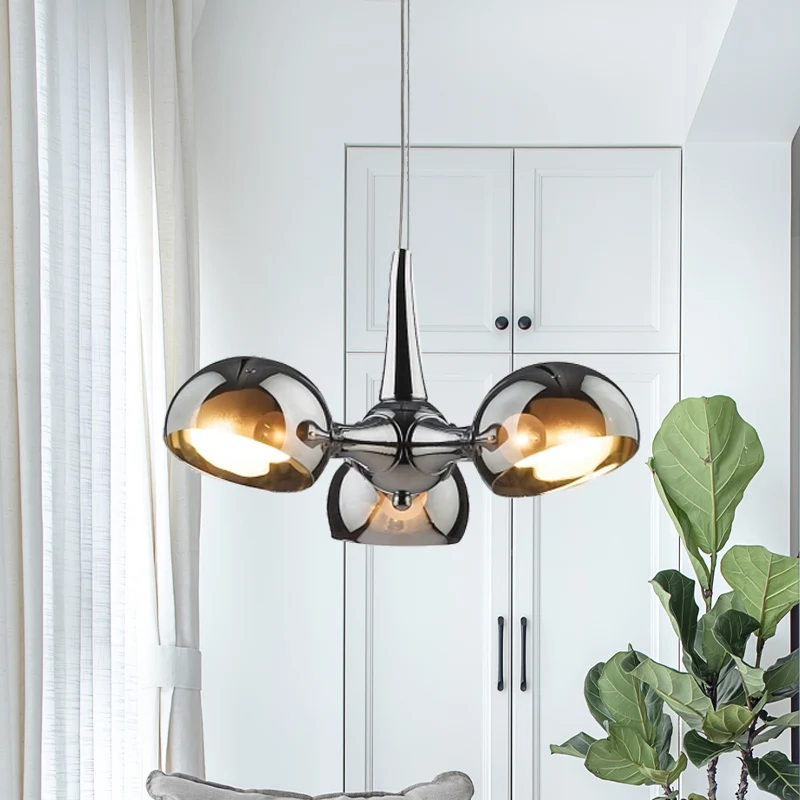 Chrome Bowl Kroonluchter Verlichting Postmodern 3/5 Lichten Spiegelglas Hangende Plafondlamp voor Eetkamer Clearhalo