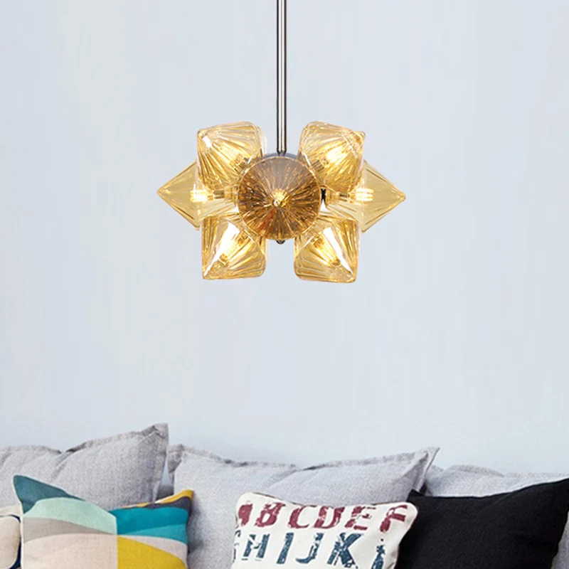 Chrome Diamond kroonluchterlamp hedendaagse 9/12 lampen amberkleurige glazen hangende plafondlamp Clearhalo