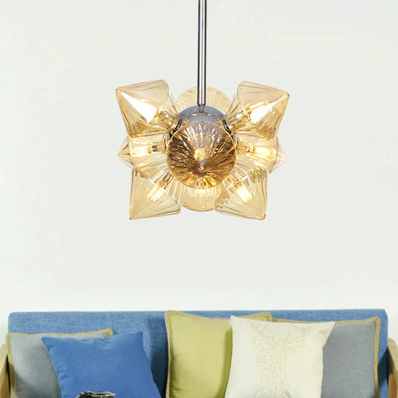 Chrome Diamond kroonluchterlamp hedendaagse 9/12 lampen amberkleurige glazen hangende plafondlamp Clearhalo