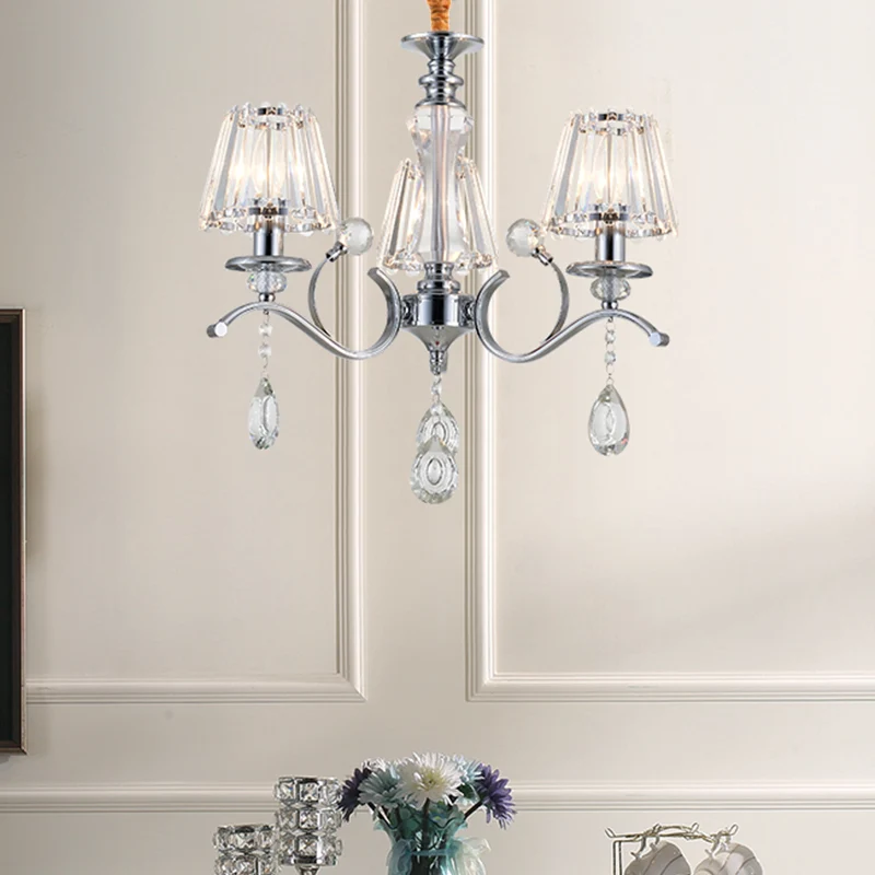 Chroom conische kroonluchter eenvoudig 3 lampen helder kristal ophangverlichting met druppel Clearhalo