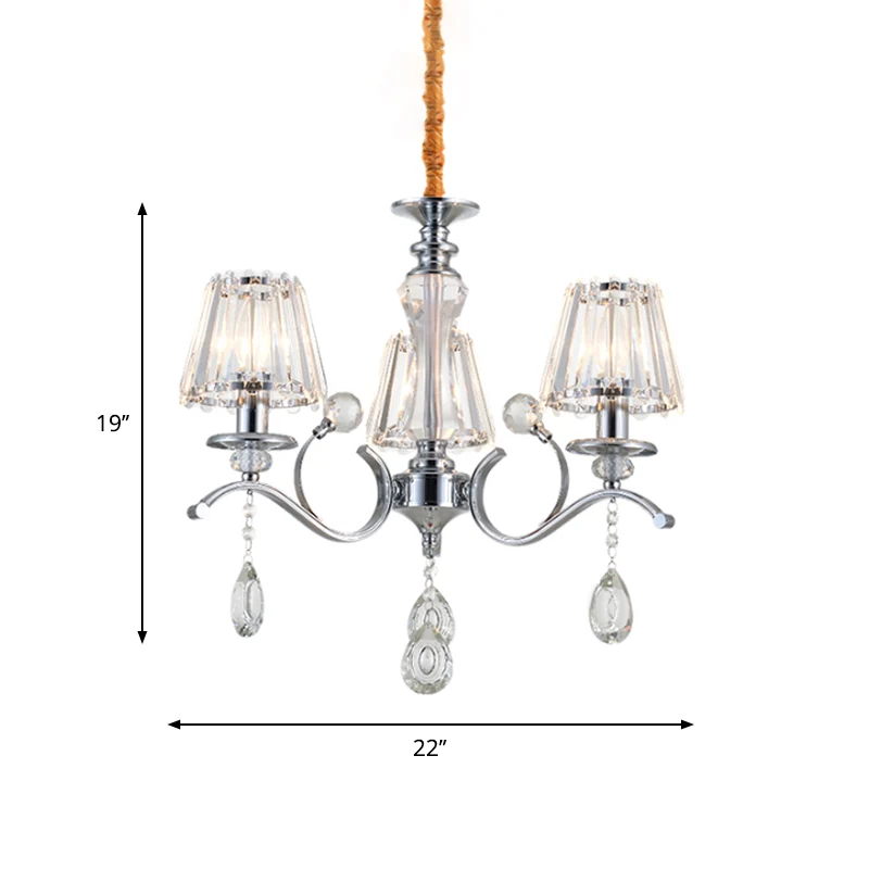 Chroom conische kroonluchter eenvoudig 3 lampen helder kristal ophangverlichting met druppel Clearhalo