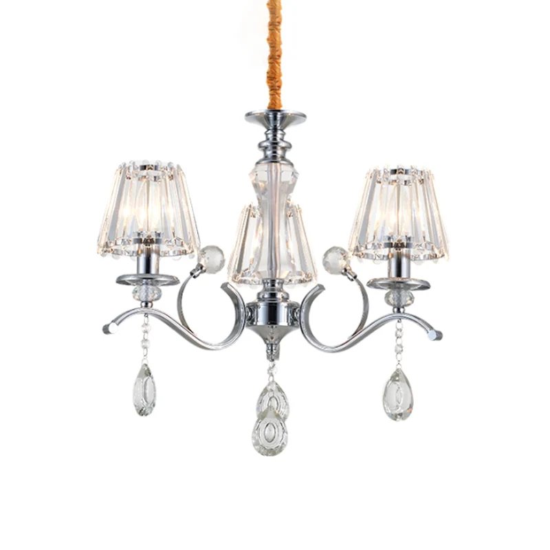 Chroom conische kroonluchter eenvoudig 3 lampen helder kristal ophangverlichting met druppel Clearhalo