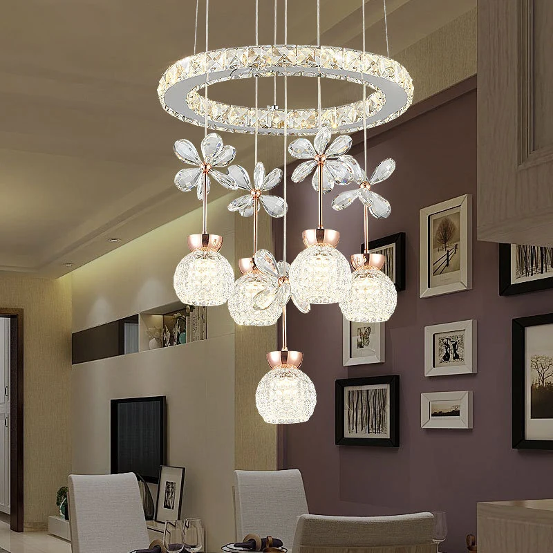 Chroom LED-hanglamp Modernistisch helder afgeschuinde kristallen koepel- en ring-slingerlamp met bloemmotief Clearhalo