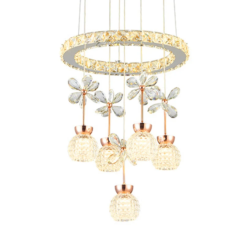 Chroom LED-hanglamp Modernistisch helder afgeschuinde kristallen koepel- en ring-slingerlamp met bloemmotief Clearhalo