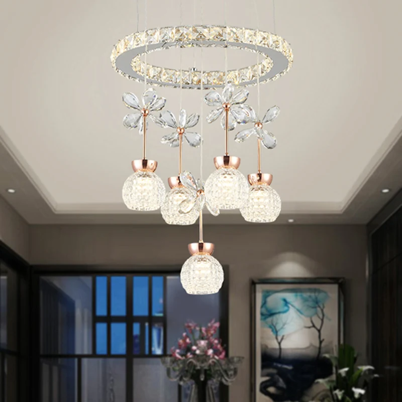 Chroom LED-hanglamp Modernistisch helder afgeschuinde kristallen koepel- en ring-slingerlamp met bloemmotief Clearhalo