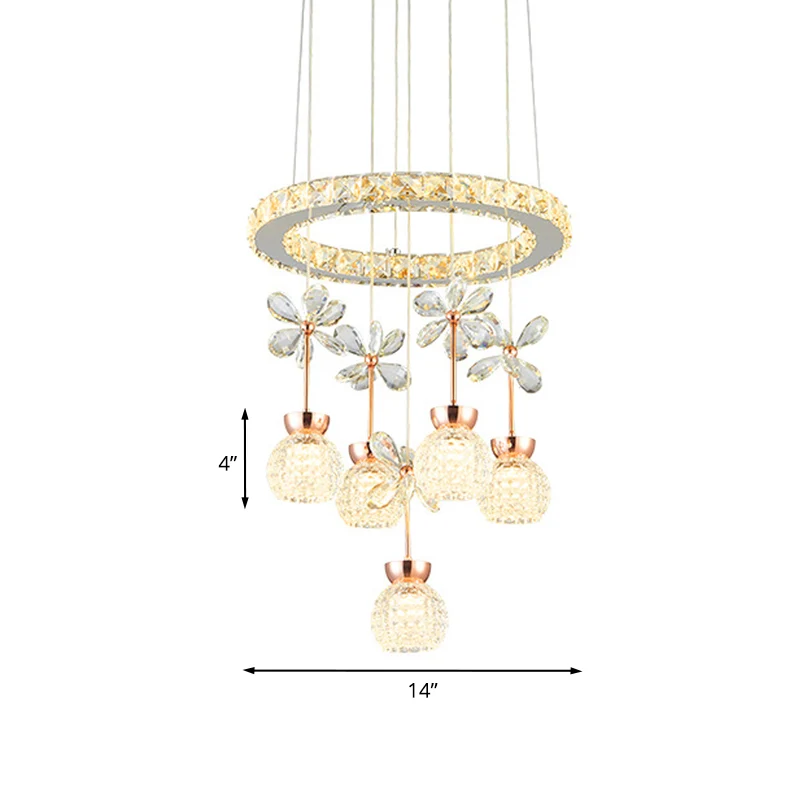 Chroom LED-hanglamp Modernistisch helder afgeschuinde kristallen koepel- en ring-slingerlamp met bloemmotief Clearhalo