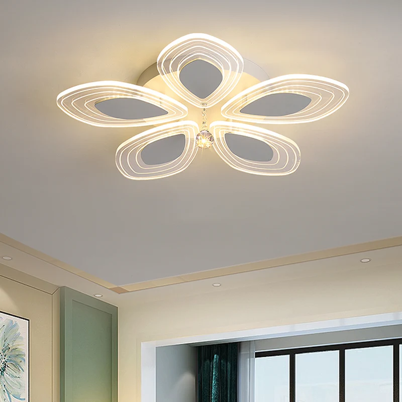 Chroom LED-plafond met bloemblaadjes, minimalistisch acryl semi-inbouwlicht met kristallen druppel Clearhalo
