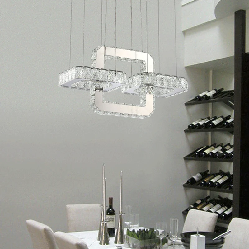 Chroom ronde/vierkante hangende kroonluchter moderne kristallen accent LED hanglamp wit/warm licht voor eetkamer Clearhalo