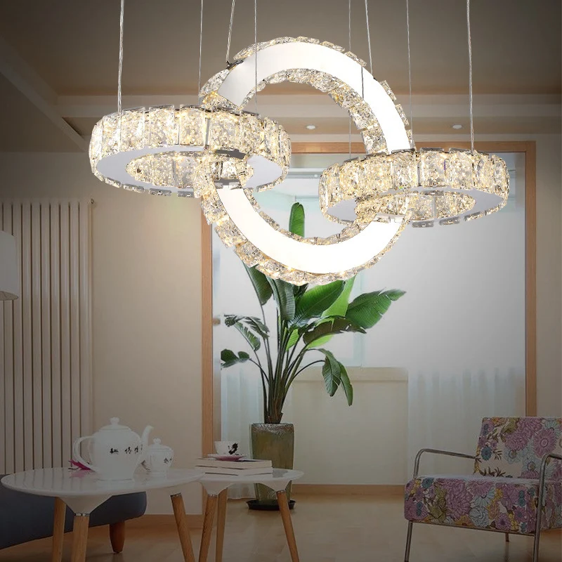 Chroom ronde/vierkante hangende kroonluchter moderne kristallen accent LED hanglamp wit/warm licht voor eetkamer Clearhalo