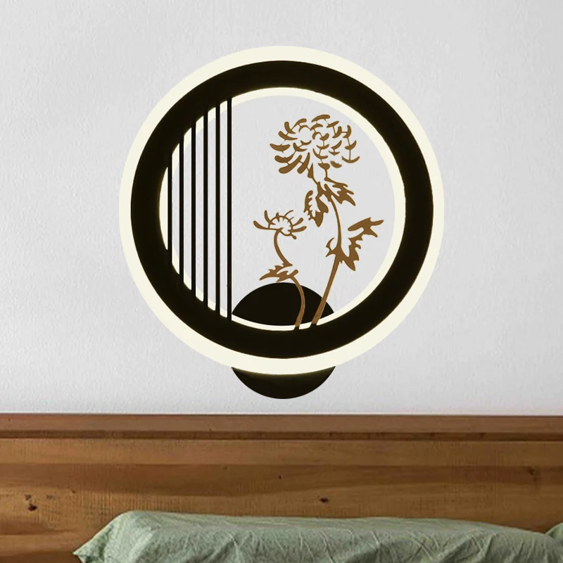 Chrysanten/Orchideebloem LED Muurschildering Licht Chinees Acryl Woonkamer Hoop Muurverlichtingsarmatuur zwart Clearhalo