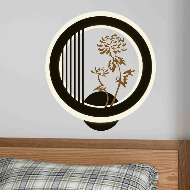 Chrysanten/Orchideebloem LED Muurschildering Licht Chinees Acryl Woonkamer Hoop Muurverlichtingsarmatuur zwart Clearhalo