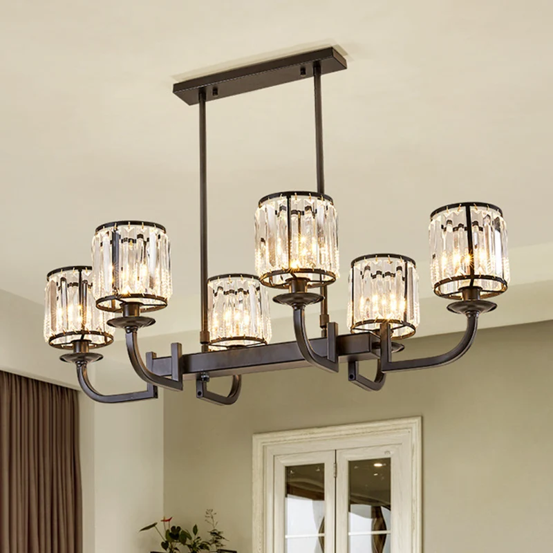Cilinder eetkamer eilandlamp klassiek gefacetteerd kristal 7-kops zwarte hanglamp Clearhalo