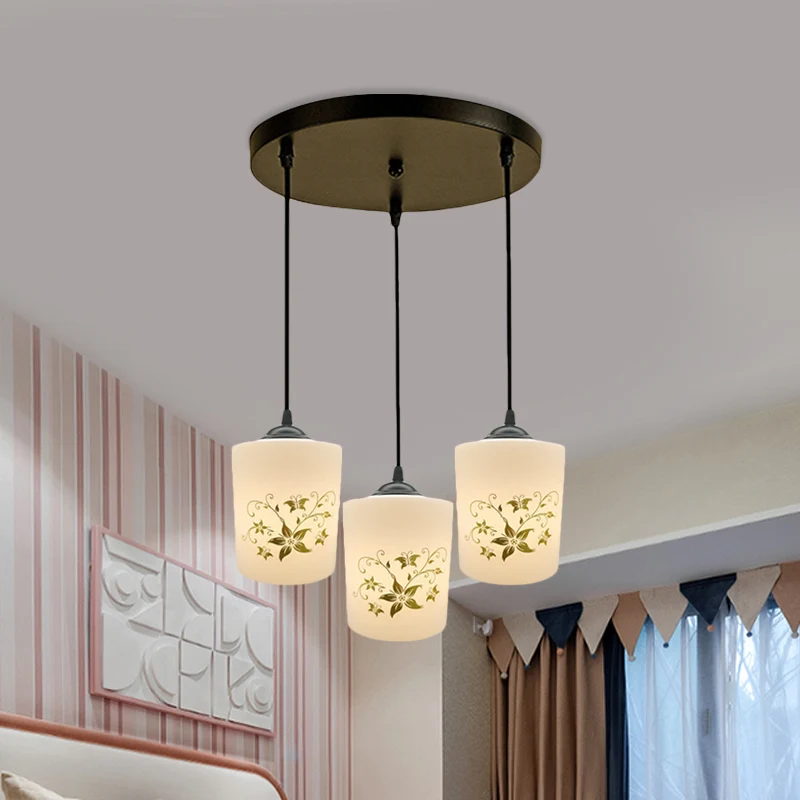 Cilinder Eetkamer Multi-plafondlamp Modern wit bedrukt glas 3-koppige zwarte hangende hanglamp met lineaire/ronde luifel C...