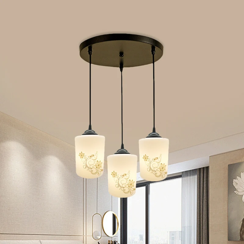 Cilinder Eetkamer Multi-plafondlamp Modern wit bedrukt glas 3-koppige zwarte hangende hanglamp met lineaire/ronde luifel C...