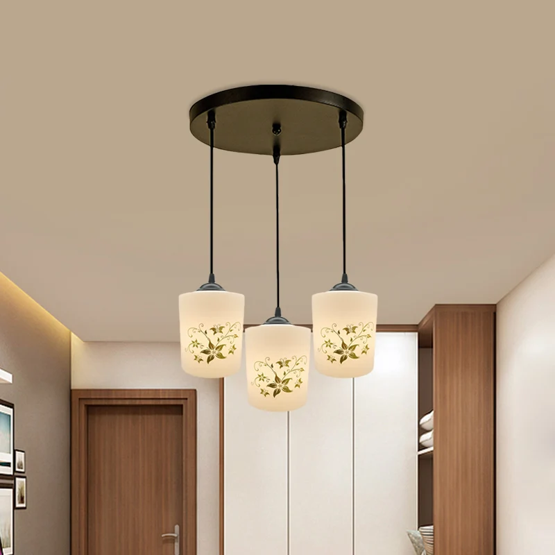 Cilinder Eetkamer Multi-plafondlamp Modern wit bedrukt glas 3-koppige zwarte hangende hanglamp met lineaire/ronde luifel C...