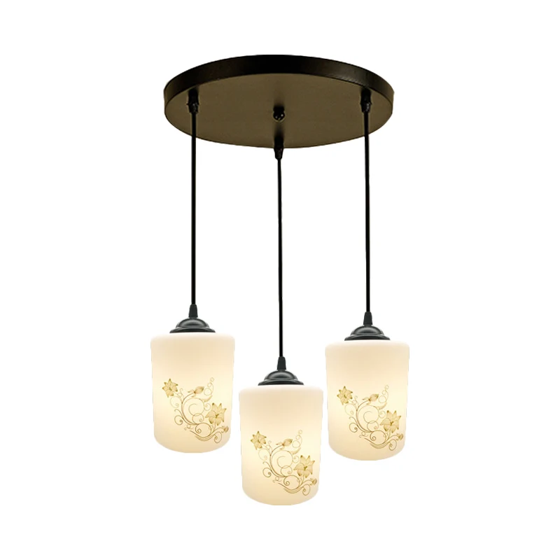 Cilinder Eetkamer Multi-plafondlamp Modern wit bedrukt glas 3-koppige zwarte hangende hanglamp met lineaire/ronde luifel C...