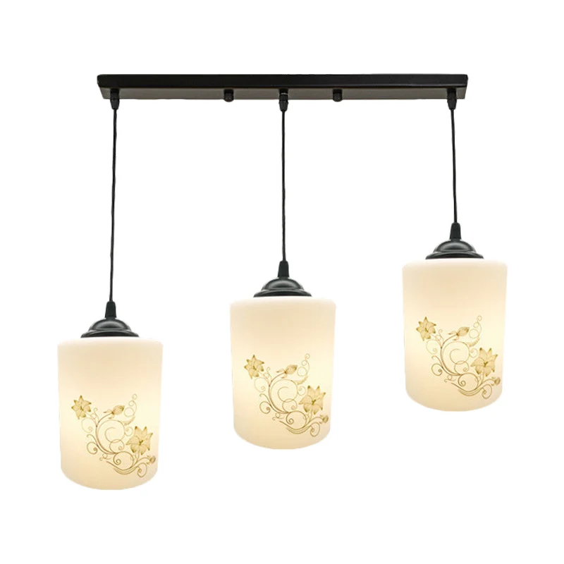 Cilinder Eetkamer Multi-plafondlamp Modern wit bedrukt glas 3-koppige zwarte hangende hanglamp met lineaire/ronde luifel C...