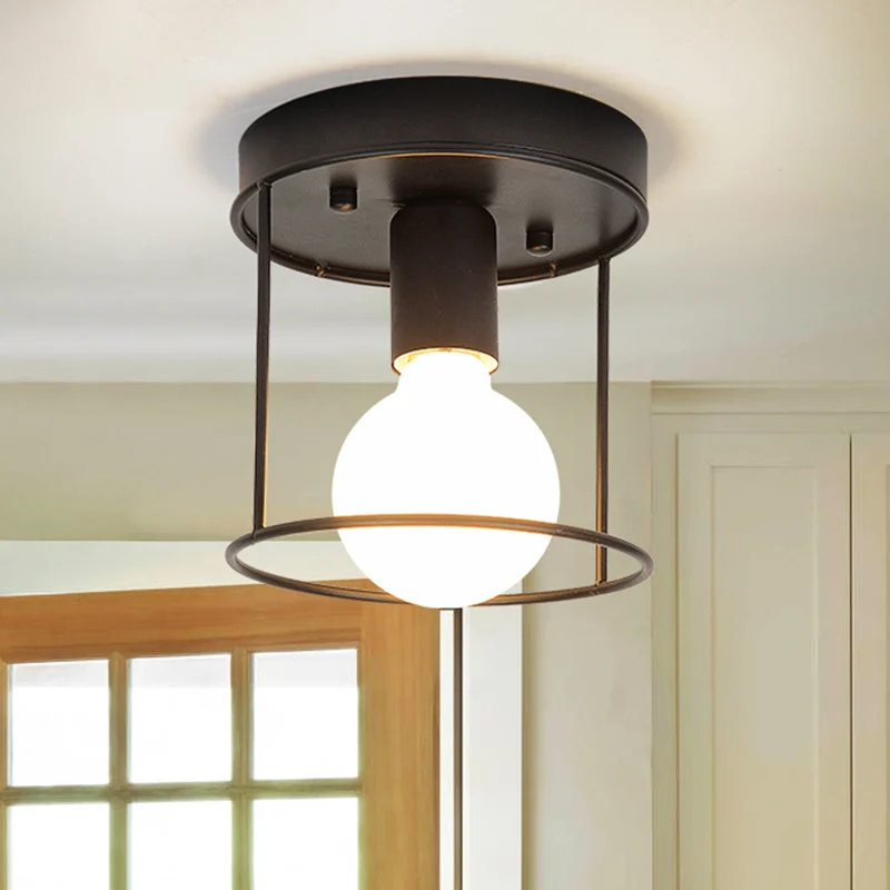 Cilinder Gang Inbouwlamp Industrieel Metaal One Light Zwart/Wit Plafondverlichting met Kooi Clearhalo