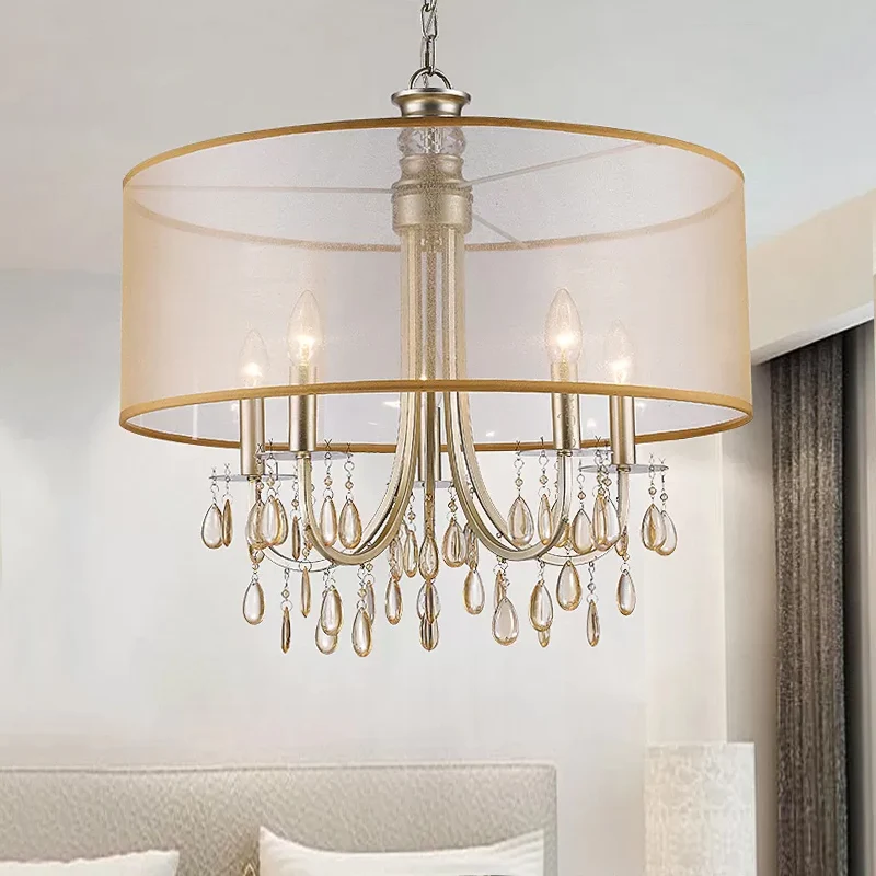 Cilinder hangend plafondlicht Rustieke stoffen kap 5/8 lichts Gouden kroonluchterlicht met kristallen druppel Clearhalo