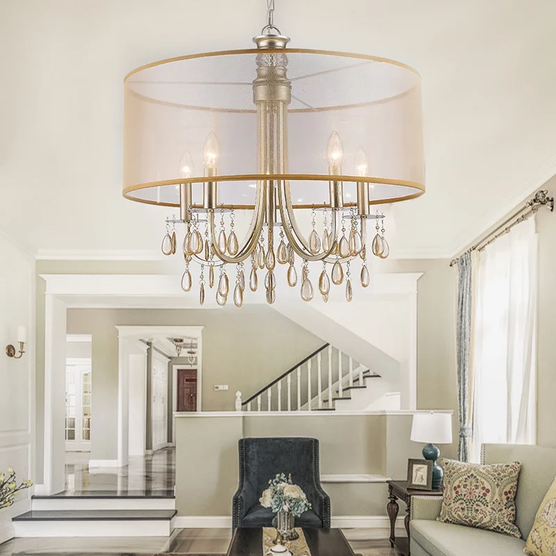 Cilinder hangend plafondlicht Rustieke stoffen kap 5/8 lichts Gouden kroonluchterlicht met kristallen druppel Clearhalo