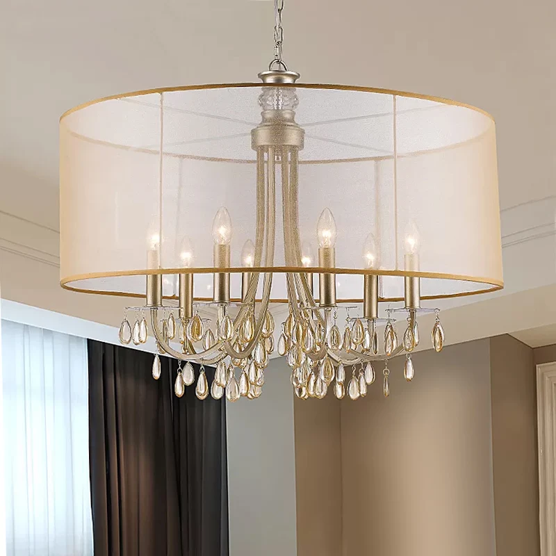 Cilinder hangend plafondlicht Rustieke stoffen kap 5/8 lichts Gouden kroonluchterlicht met kristallen druppel Clearhalo