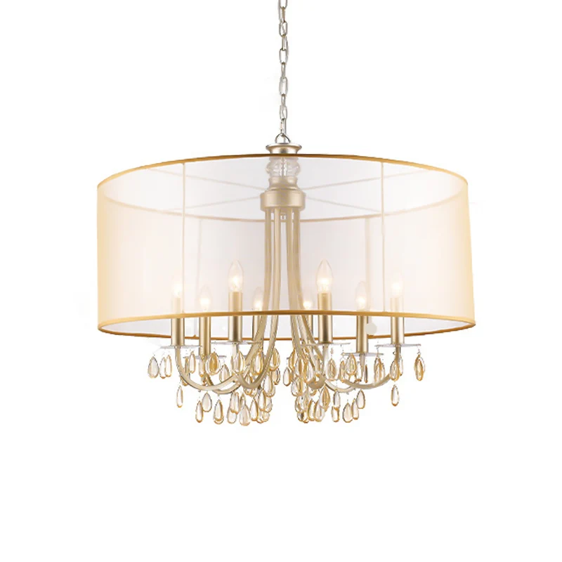 Cilinder hangend plafondlicht Rustieke stoffen kap 5/8 lichts Gouden kroonluchterlicht met kristallen druppel Clearhalo