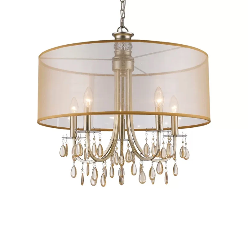 Cilinder hangend plafondlicht Rustieke stoffen kap 5/8 lichts Gouden kroonluchterlicht met kristallen druppel Clearhalo