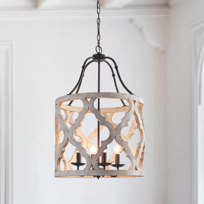 Cilinder hangende kroonluchter traditioneel hout 4 lampen wit/bruin hangende plafondlamp met verstelbare ketting Clearhalo