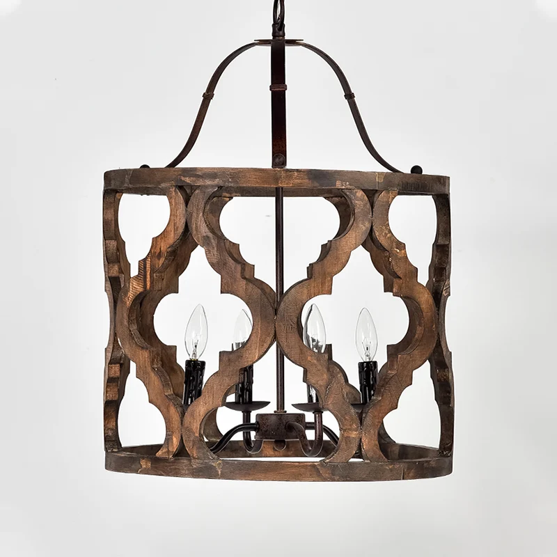 Cilinder hangende kroonluchter traditioneel hout 4 lampen wit/bruin hangende plafondlamp met verstelbare ketting Clearhalo