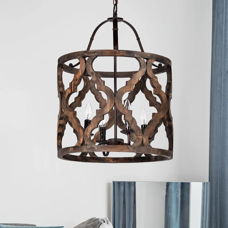 Cilinder hangende kroonluchter traditioneel hout 4 lampen wit/bruin hangende plafondlamp met verstelbare ketting Clearhalo