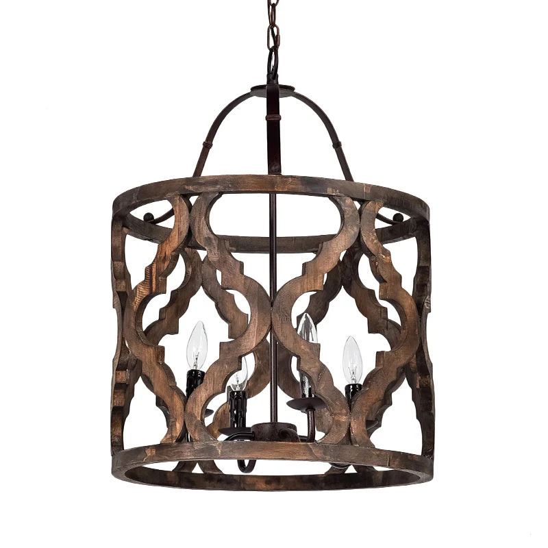 Cilinder hangende kroonluchter traditioneel hout 4 lampen wit/bruin hangende plafondlamp met verstelbare ketting Clearhalo