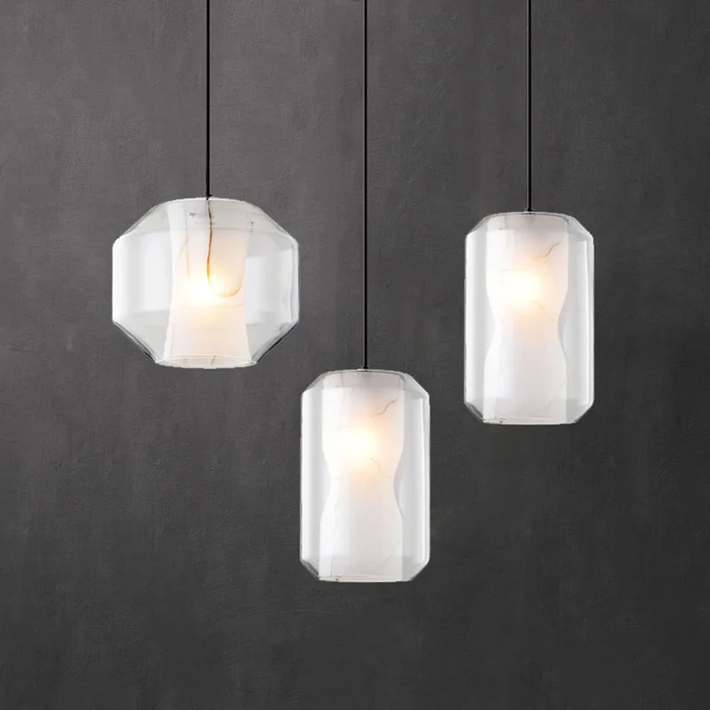 Cilinder hanglamp Eenvoudig helder glas 1-lichts eetkamer plafondlamp met witte marmeren kap aan de binnenkant Clearhalo