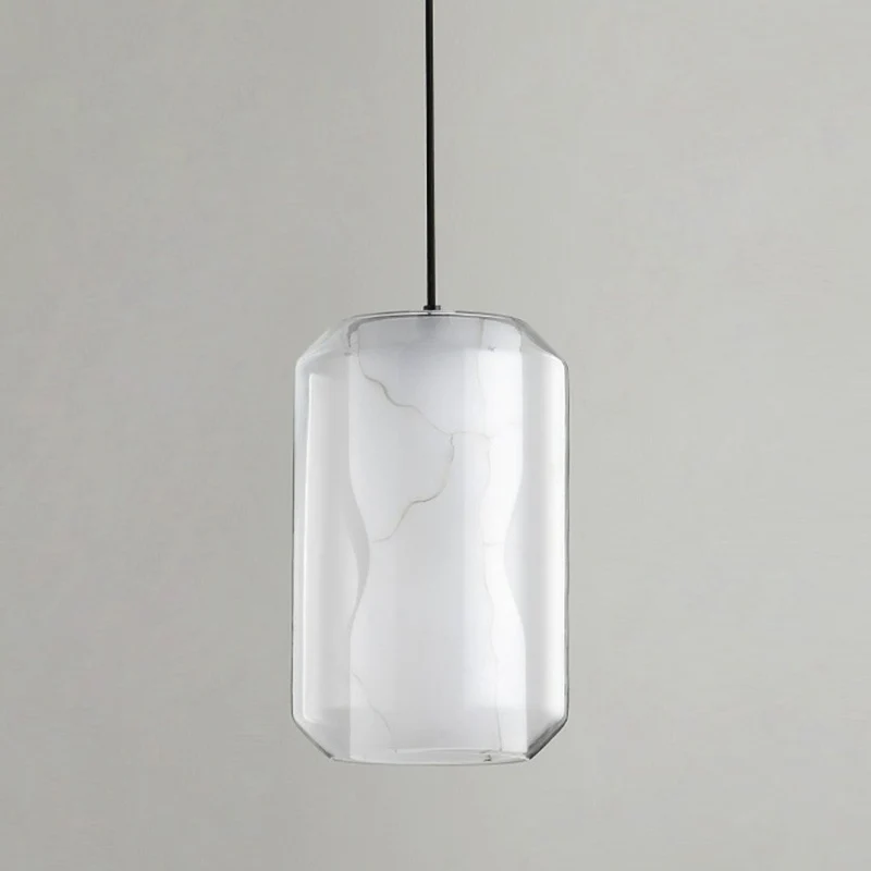 Cilinder hanglamp Eenvoudig helder glas 1-lichts eetkamer plafondlamp met witte marmeren kap aan de binnenkant Clearhalo