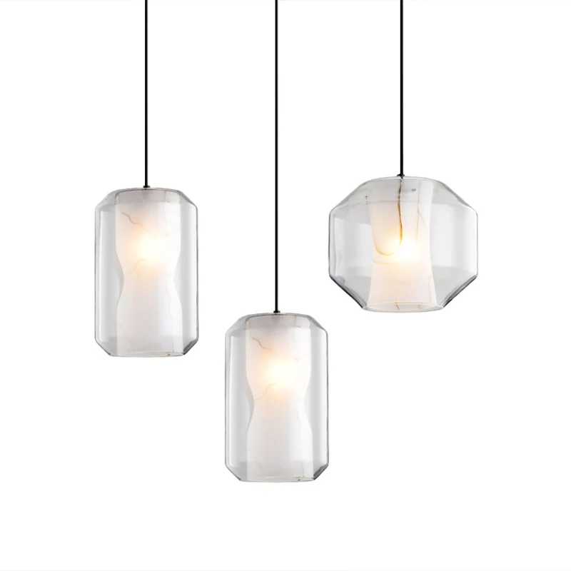 Cilinder hanglamp Eenvoudig helder glas 1-lichts eetkamer plafondlamp met witte marmeren kap aan de binnenkant Clearhalo