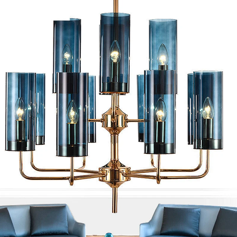Cilinder hanglampset postmodern blauw/cognacglas 12 koppen eetkamer kroonluchterverlichting Clearhalo