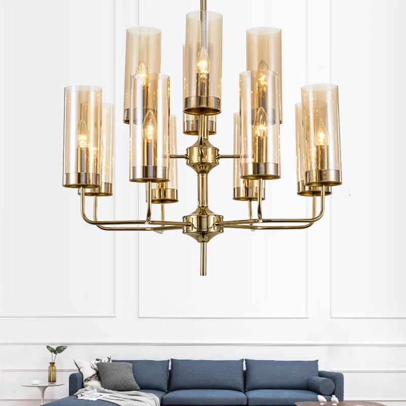 Cilinder hanglampset postmodern blauw/cognacglas 12 koppen eetkamer kroonluchterverlichting Clearhalo