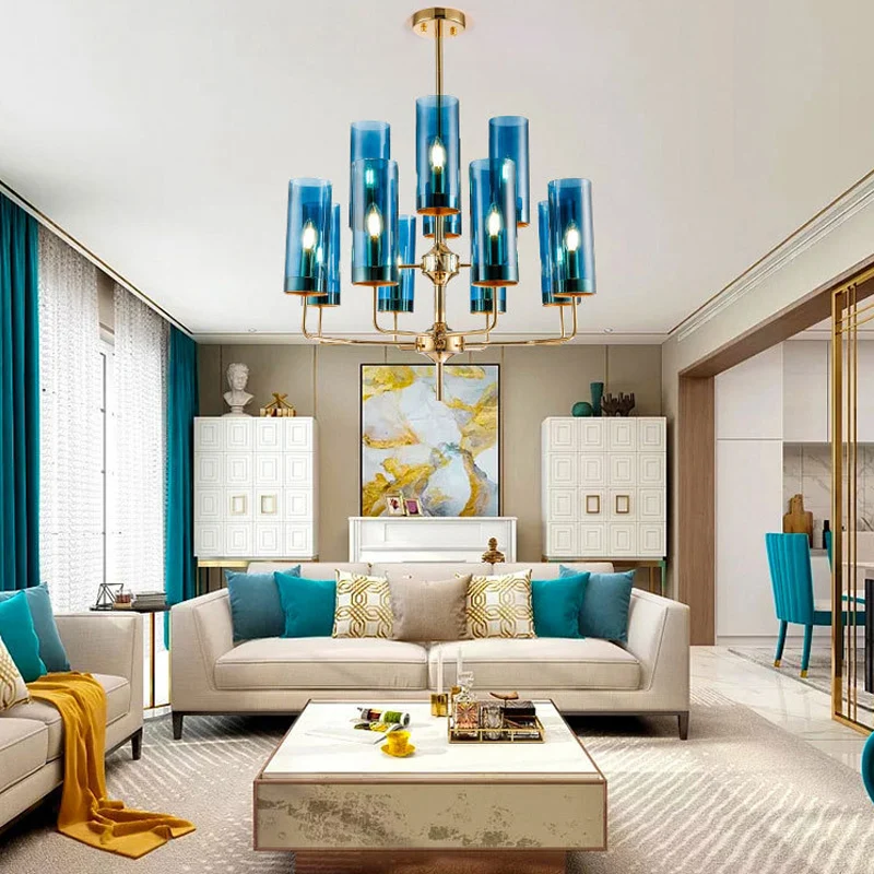 Cilinder hanglampset postmodern blauw/cognacglas 12 koppen eetkamer kroonluchterverlichting Clearhalo