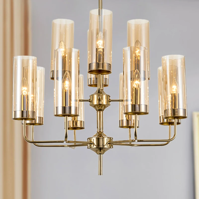 Cilinder hanglampset postmodern blauw/cognacglas 12 koppen eetkamer kroonluchterverlichting Clearhalo