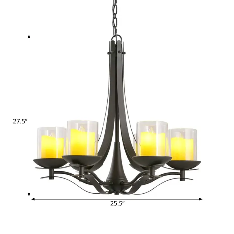 Cilinder helder glazen kroonluchter lichtarmatuur Landelijke 6-lichts eetkamer metalen hanglamp zwart Clearhalo